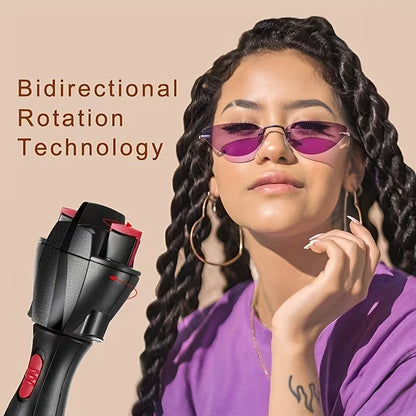 Woman wearing sunglasses with a hair styling tool and text about bidirectional rotation technology.