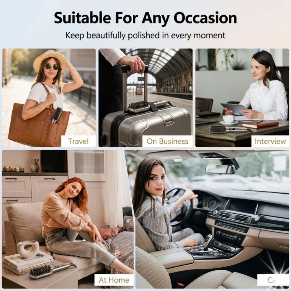 Collage of a woman with a suitcase, at home, and in a car with text 'Suitable For Any Occasion'. sleekpro