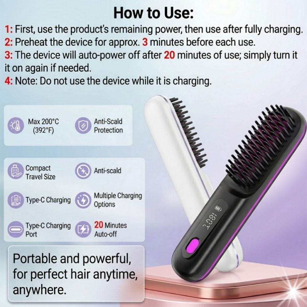 Hair straightener with charging cable and usage instructions on a light purple background