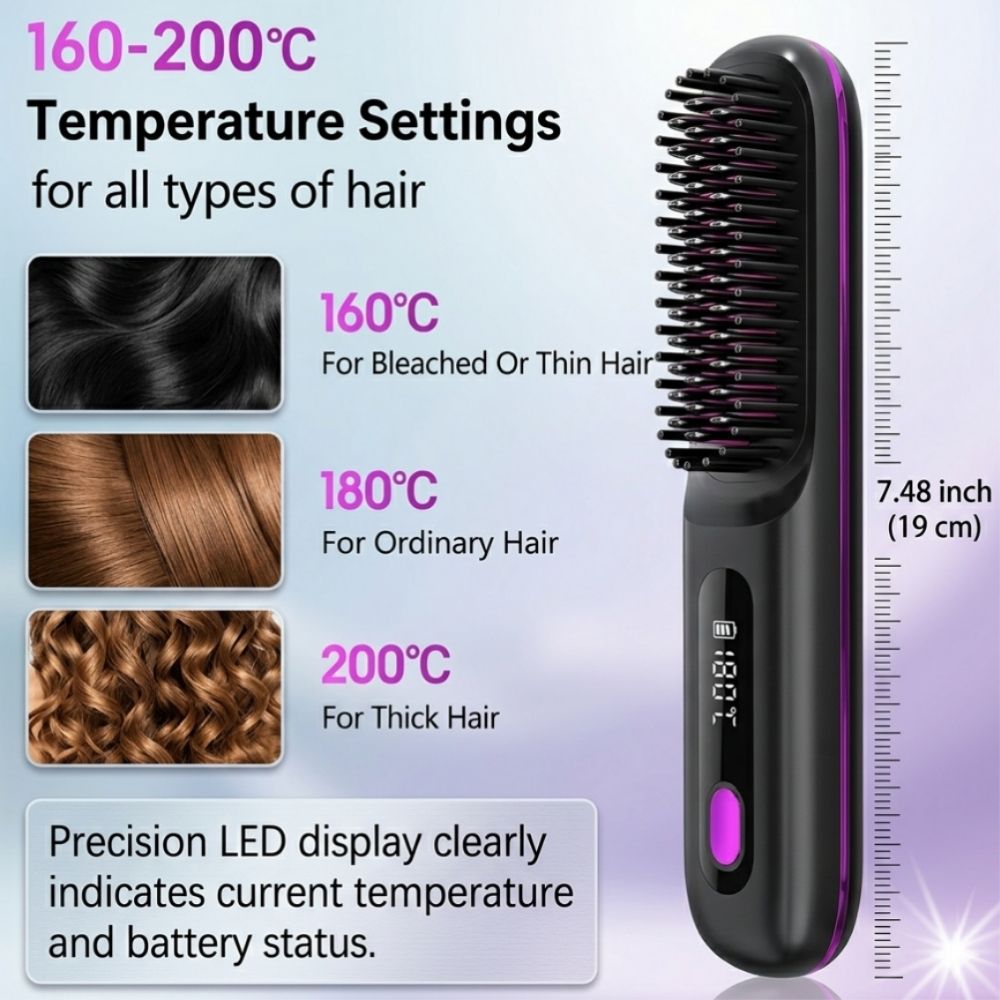 Hair straightening brush with temperature settings for different hair types on a light gray background.