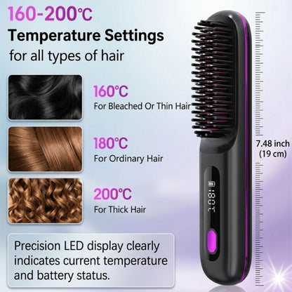 Hair straightening brush with temperature settings for different hair types on a light gray background.