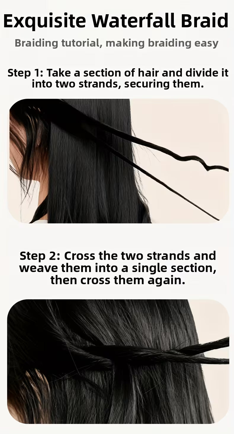 Hair braiding tutorial with steps on creating an exquisite waterfall braid.