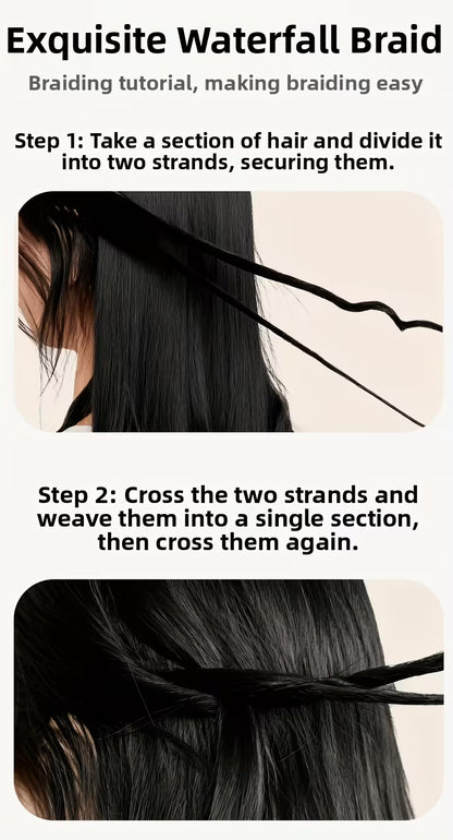 Hair braiding tutorial with steps on creating an exquisite waterfall braid.