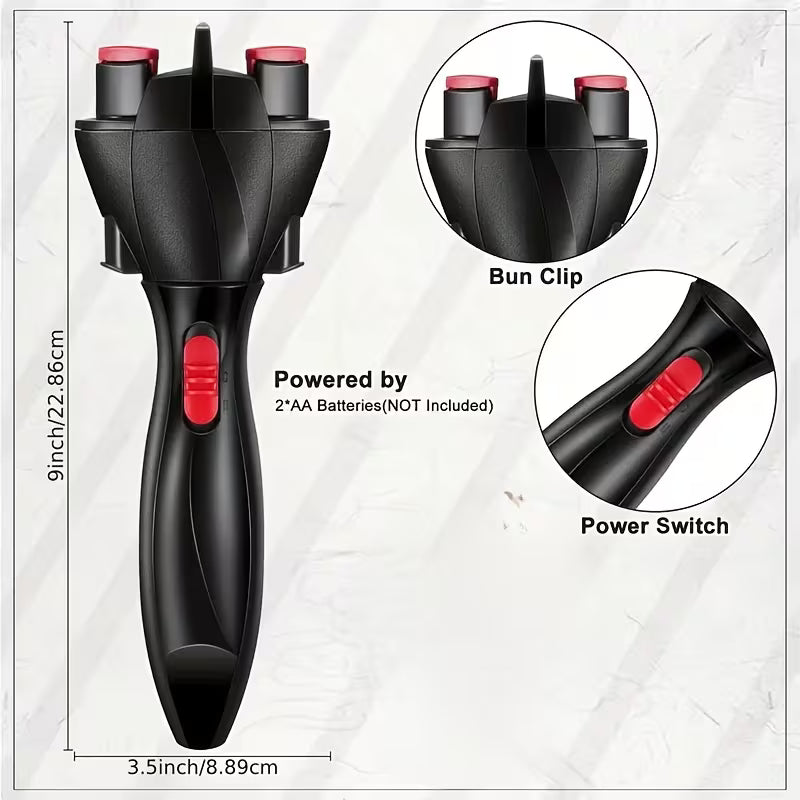 Black hair bun maker with bun clip and power switch on a white background