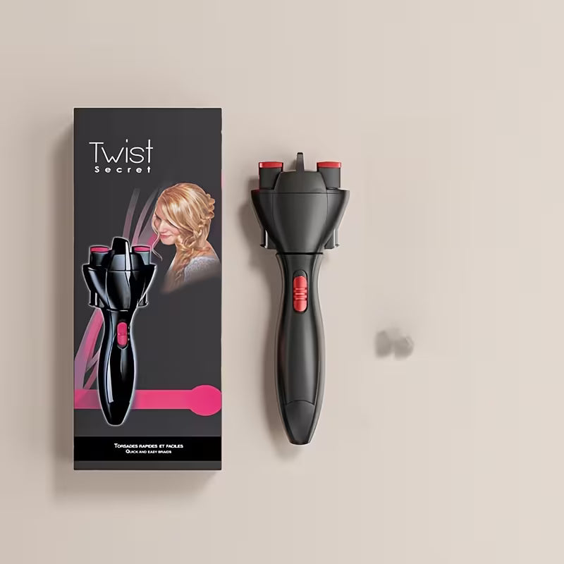 Black hair styling tool auto braider with red accents next to its packaging on a beige background